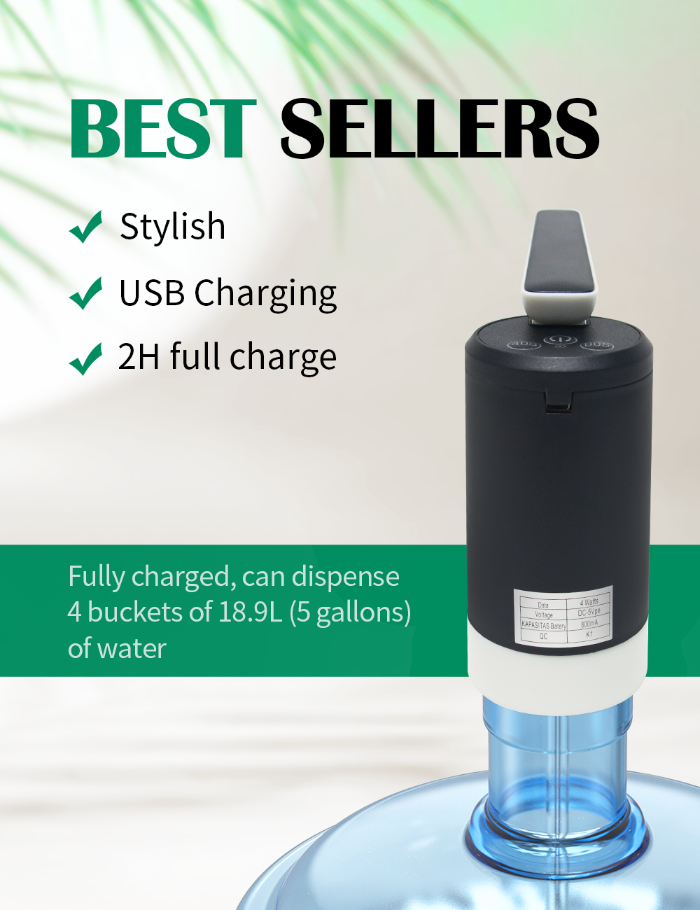 Portable USB Rechargeable Electric Water Dispenser (5-Gallon)
